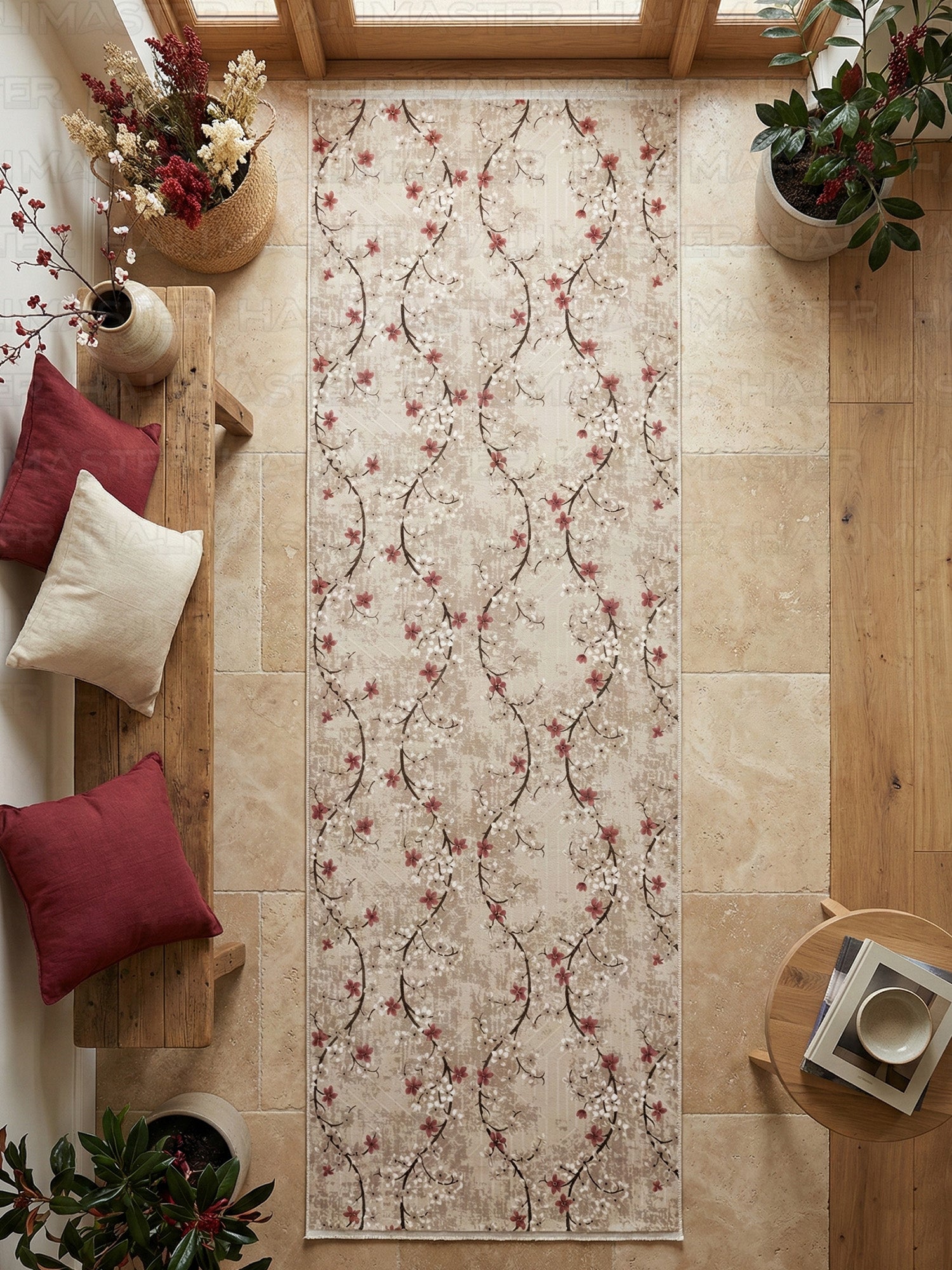 Jel Özel Ölçü Kesme Halı Yolluk - Krem Çiçek Desenli Modern Tasarım