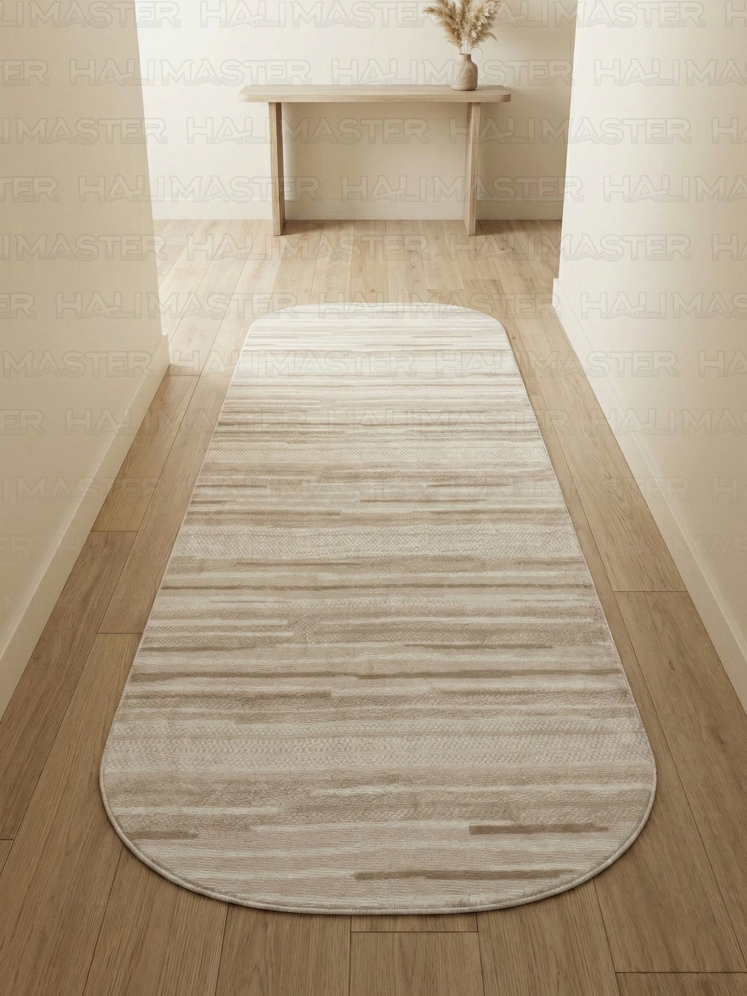 Bambu Modern Bej Çizgili Dokuma Halı – Kaymaz Tabanlı, Özel Ölçü Kesilebilir