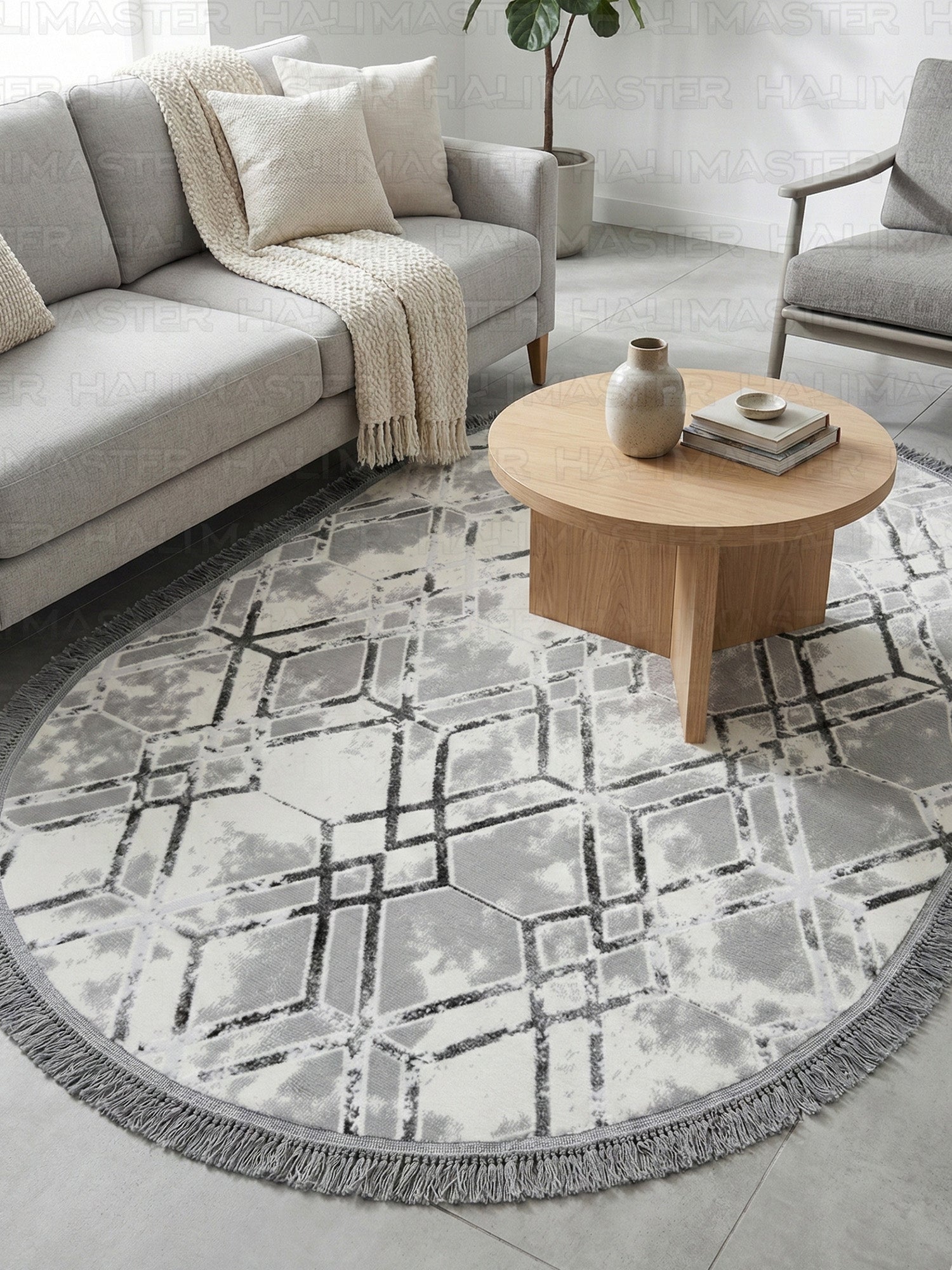 Antrasit Çizgili Geometrik Desenli Oval Halı