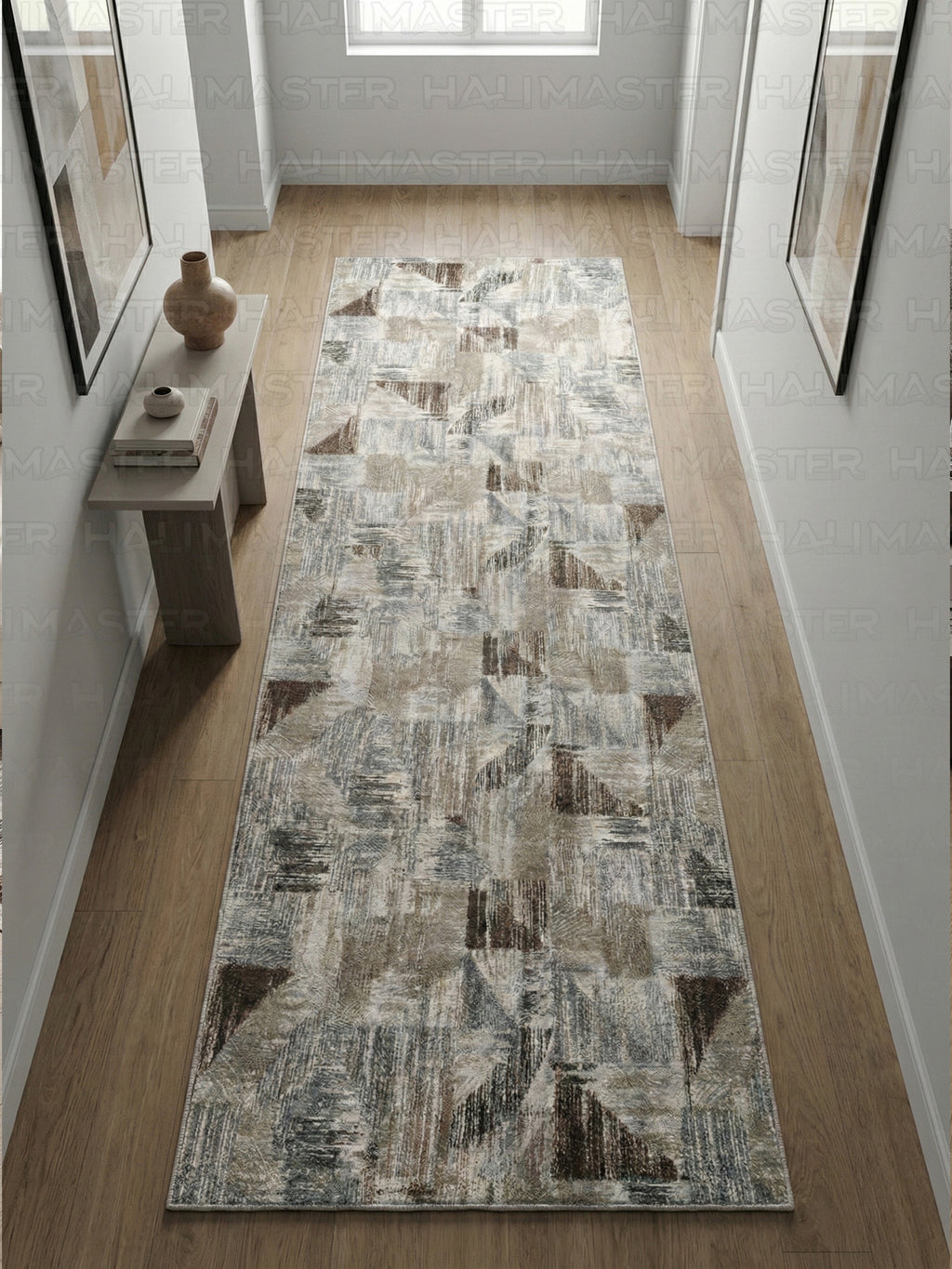 Dinarsu Soyut Üçgen Desenli İskandinav Tarzı Bej Antrasit Halı - Kaymaz Taban Özel Ölçü