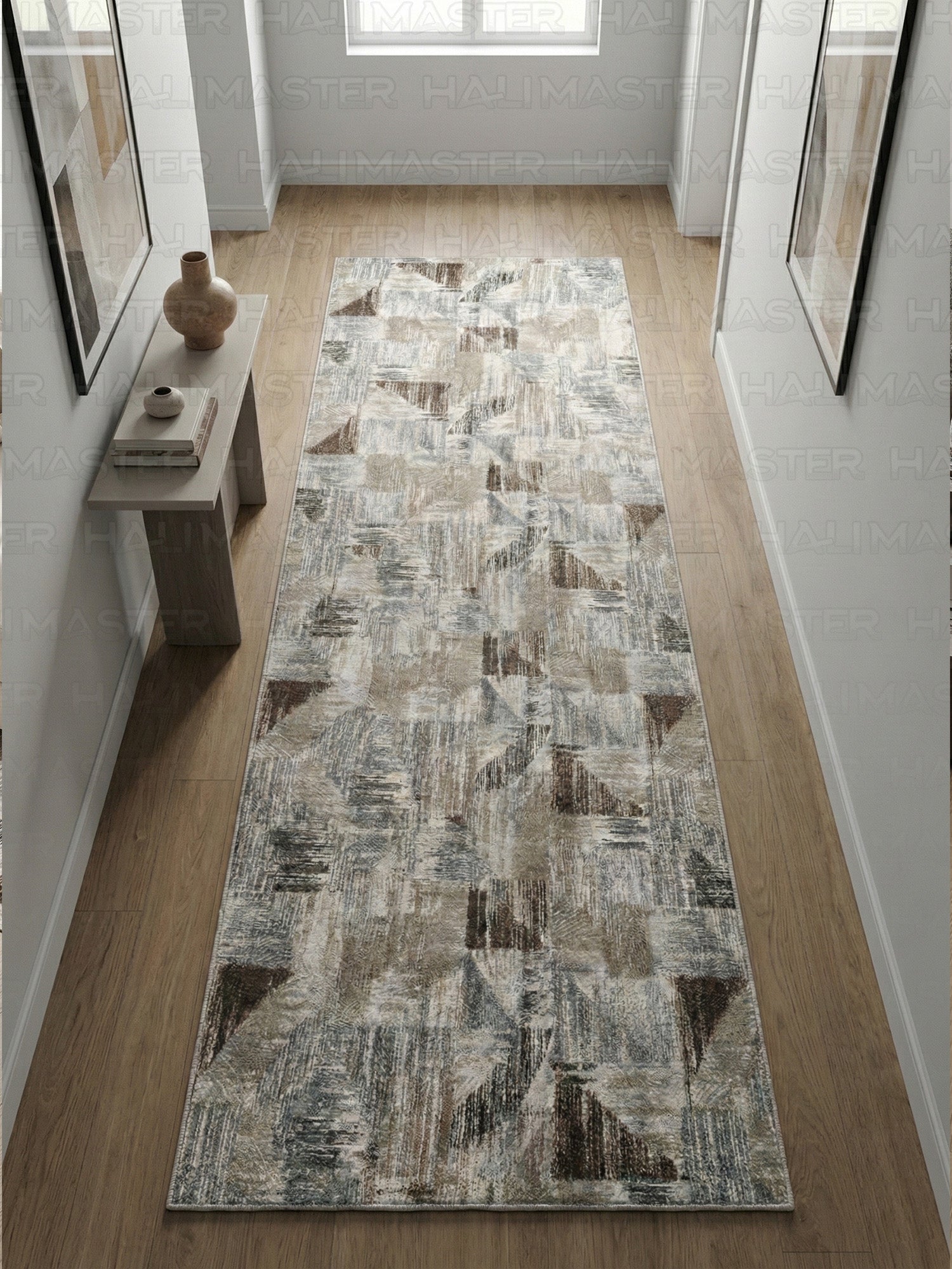 Dinarsu Soyut Üçgen Desenli İskandinav Tarzı Bej Antrasit Halı - Kaymaz Taban Özel Ölçü