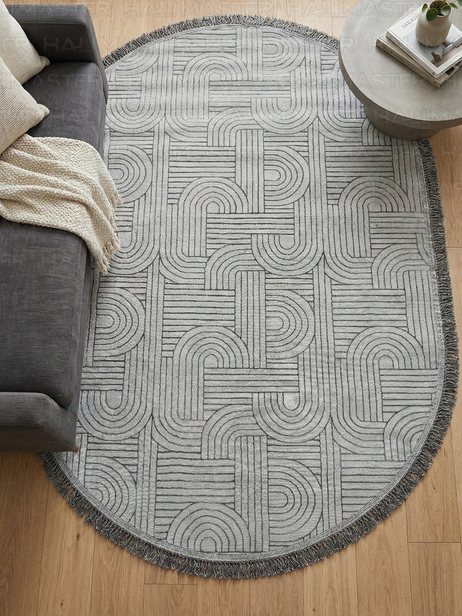 Bohem Tarz Gri Oval Salon Halısı - Püsküllü Modern Labirent Desenli