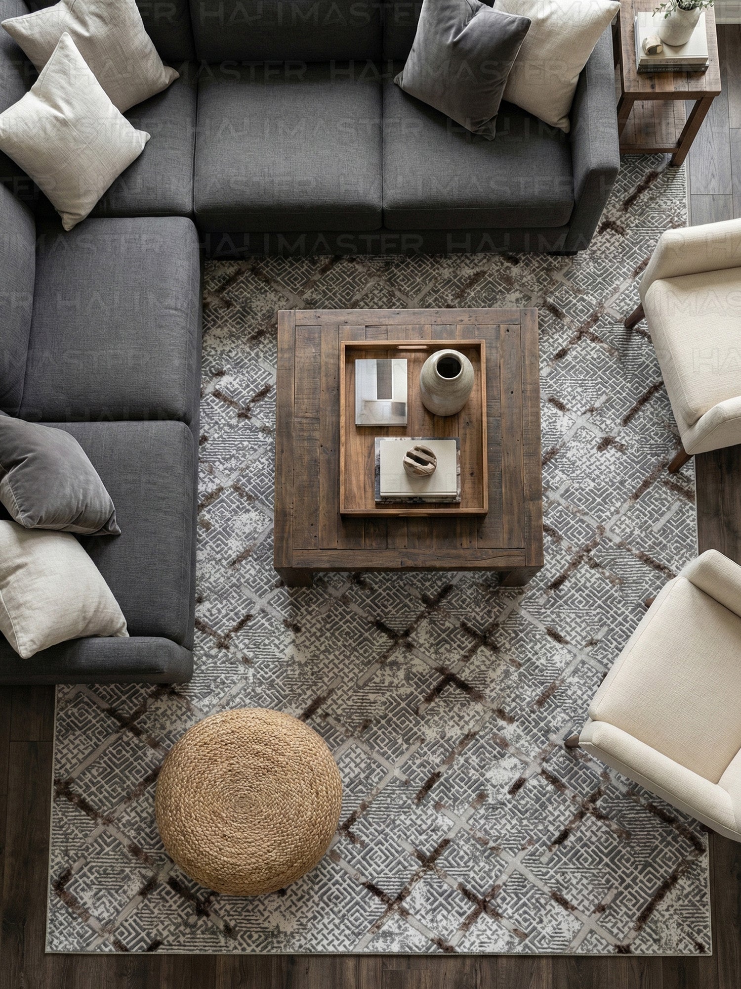 Modern Geometrik Desenli Eskitme Halı - 4m² (160x230) Antrasit Krem Salon Halısı