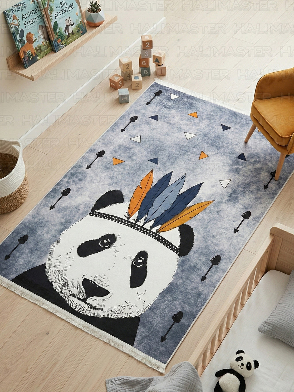 Kızılderili Panda Figürlü Modern Çocuk Odası Halısı - Antialerjik & Kaymaz Taban