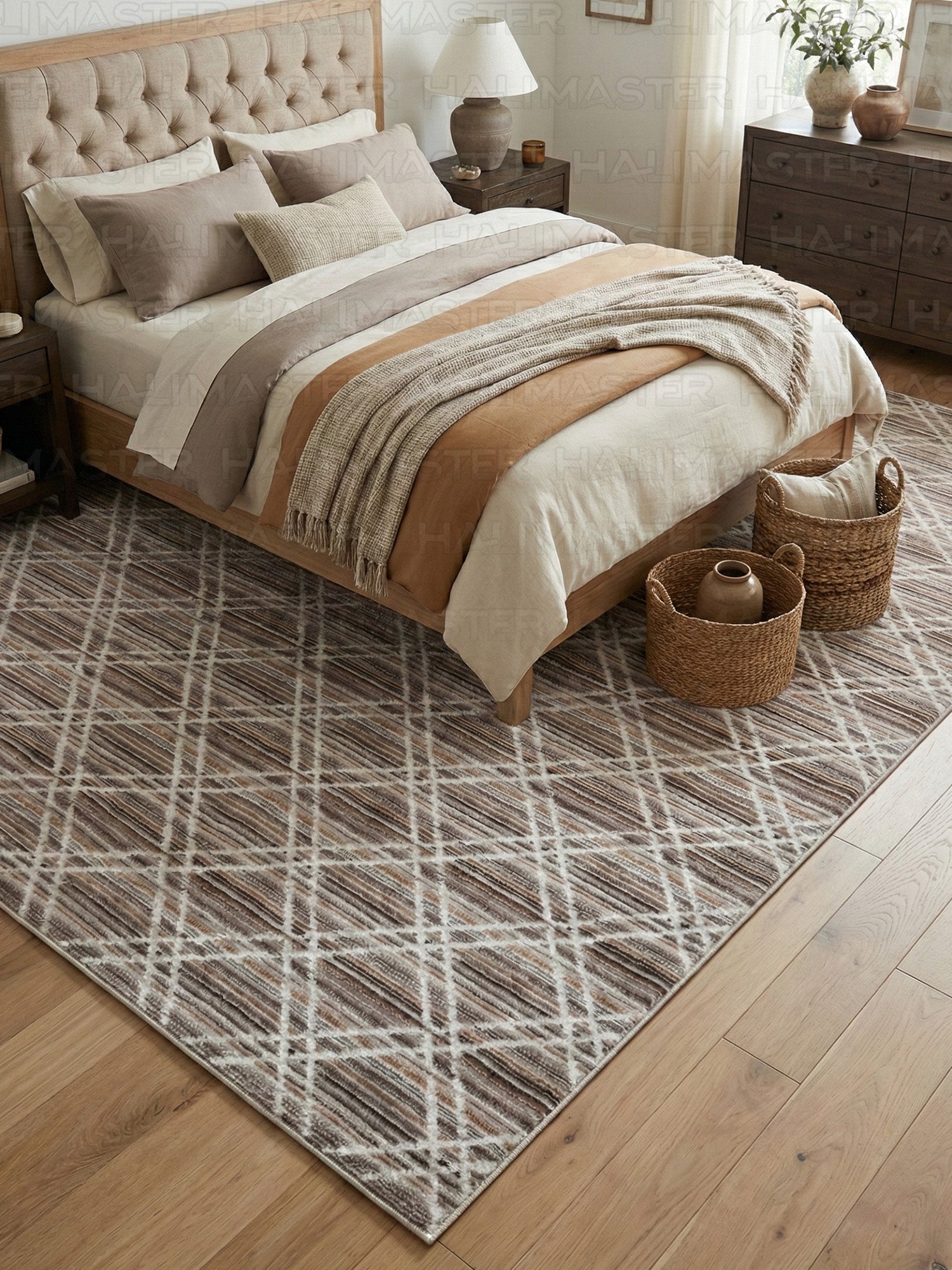 Bambu Modern Geometrik Desenli Kaymaz Taban Özel Ölçü Kesme Halı - Kahve/Vizon