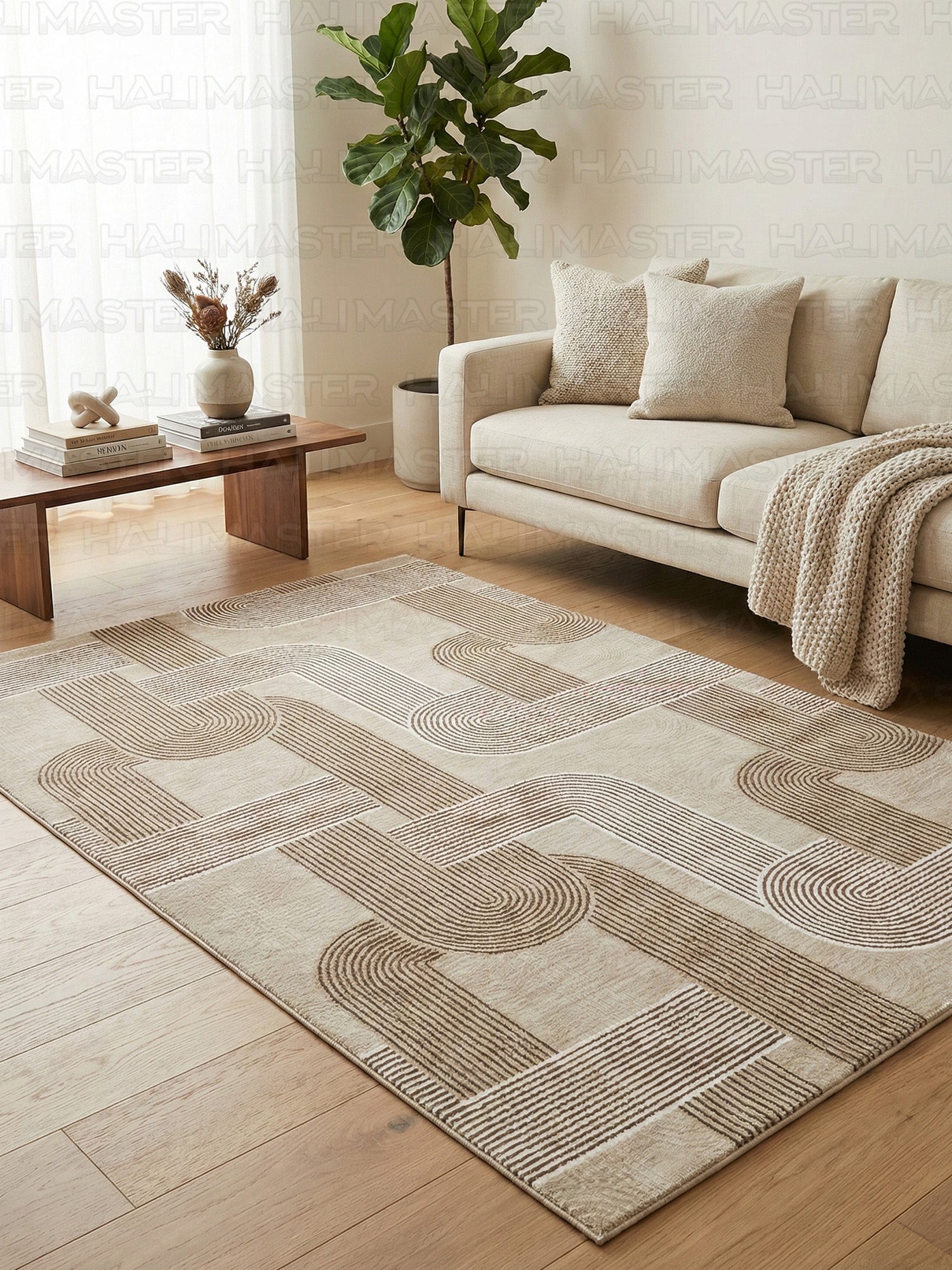 Jel Modern Geometrik Desenli Özel Ölçü Kesme Halı - Bej & Gri