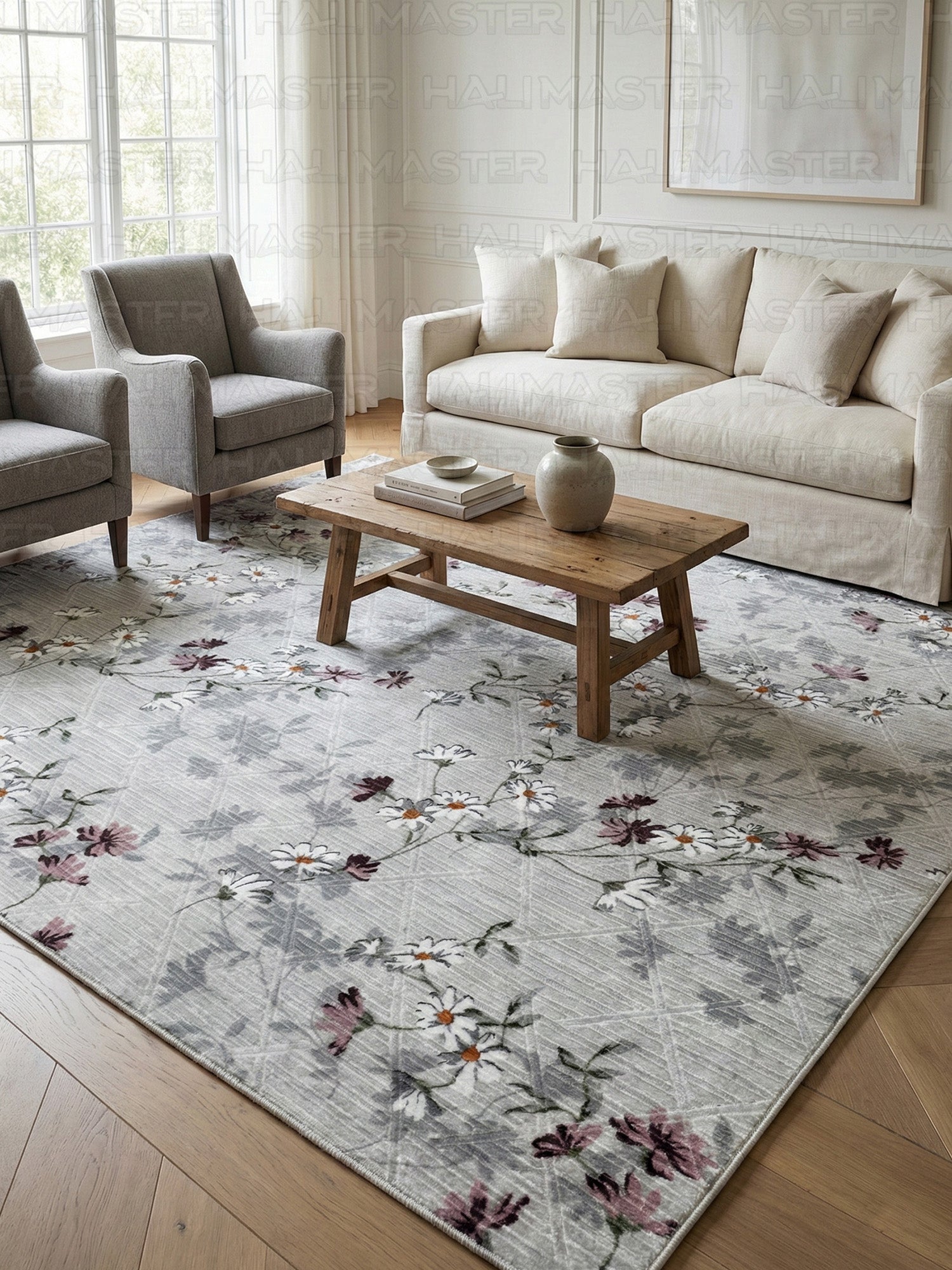 Gri Zeminli Papatya Desenli Modern Salon Halısı - 4m² (160x230) Mürdüm ve Beyaz Çiçekli Detaylı