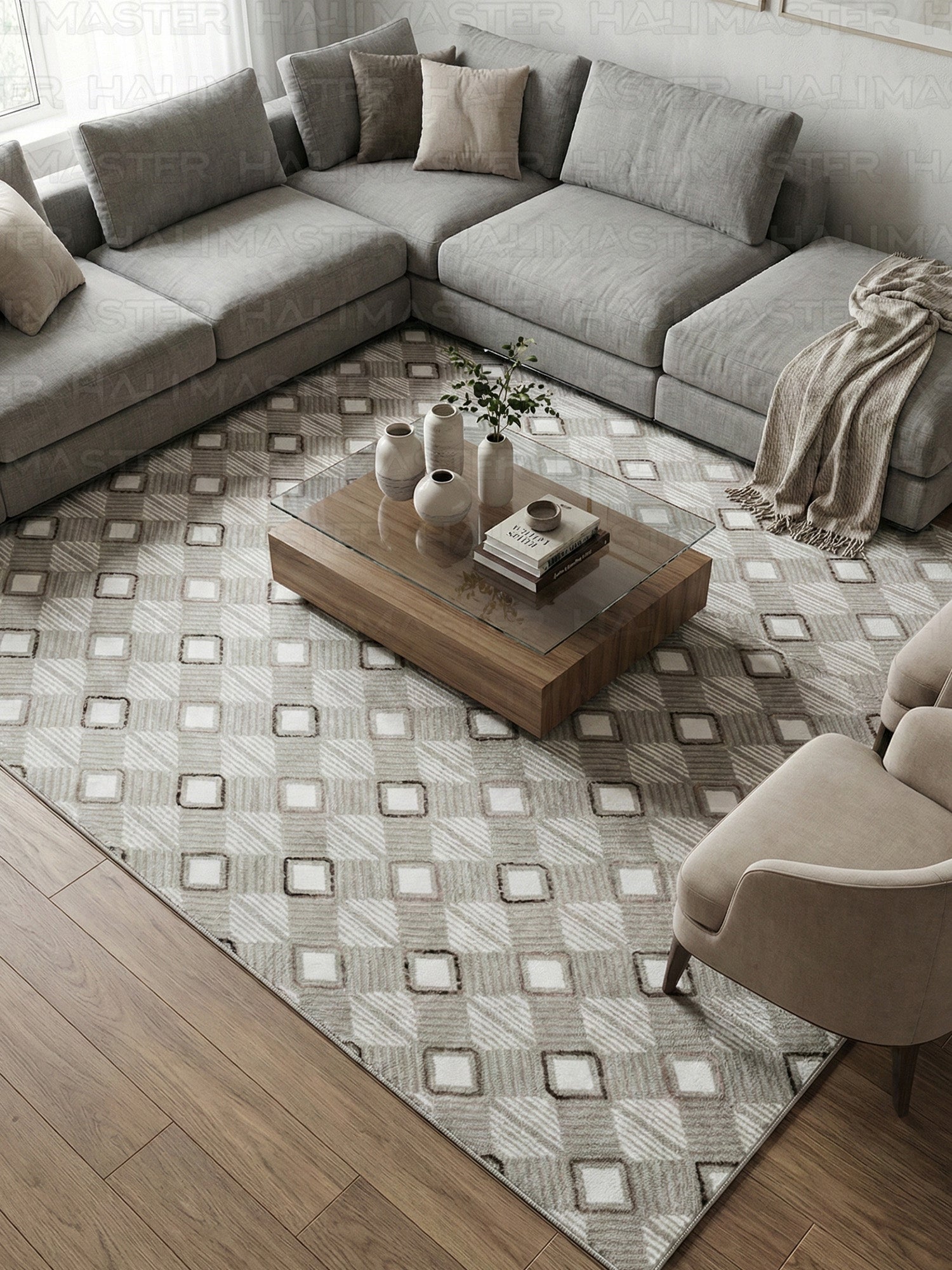 İskandinav Tarzı Kare Desenli Salon Halısı - 4 m² (160x230 cm)