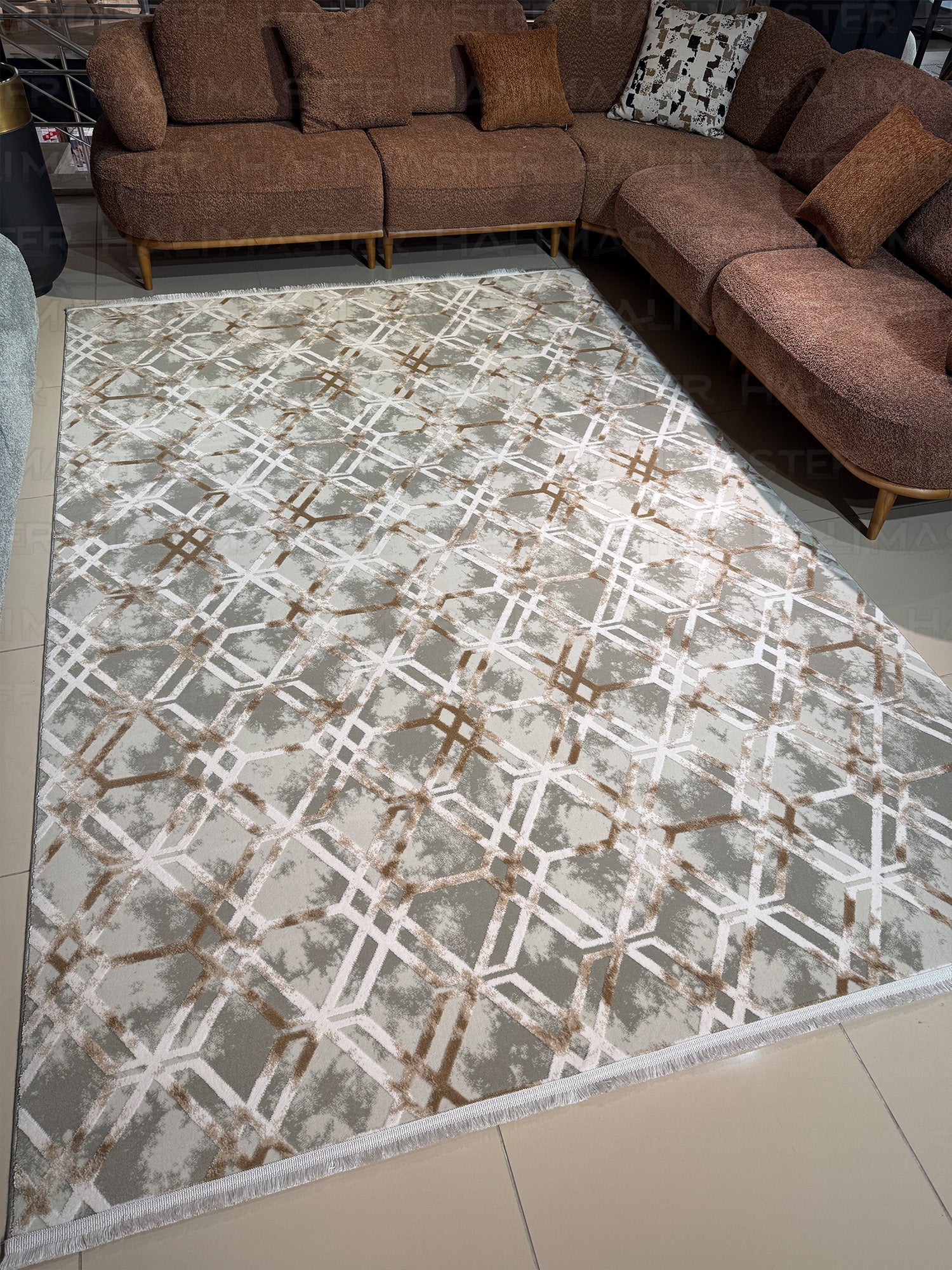 Modern Geometrik Desenli Eskitme Halı - Toprak ve Gri Tonları