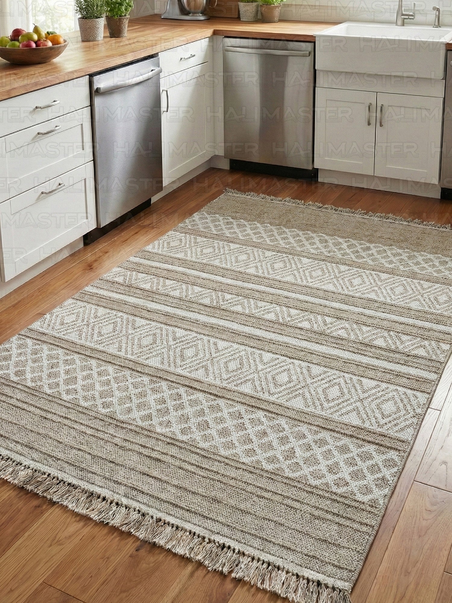 Modern Geometrik Desenli Krem Kahve Dekoratif Salon ve Oturma Odası Halısı - 4m² - Saçaklı