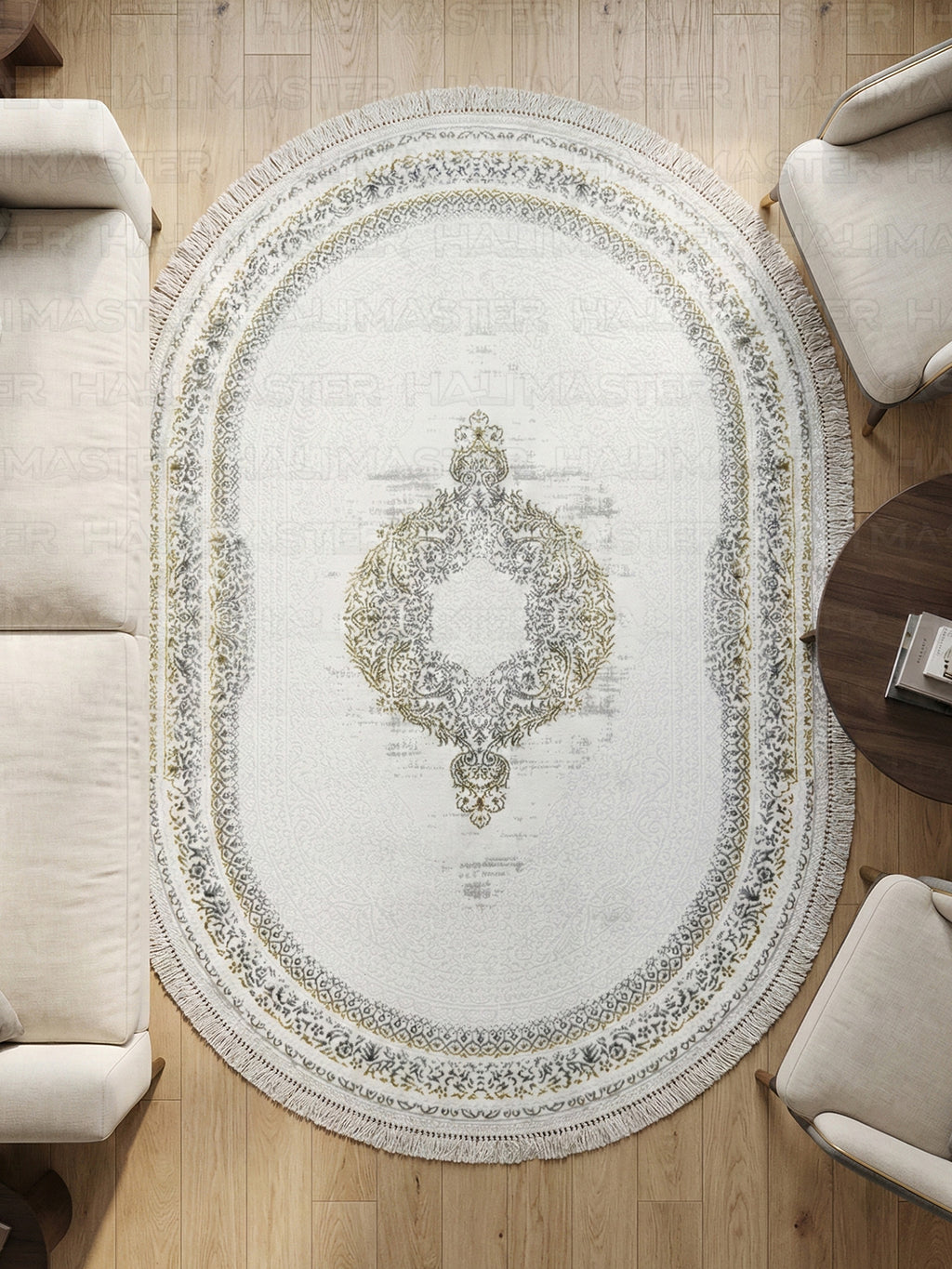 Oval Saçaklı Klasik Desenli Halı - Beyaz Gri ve Gold  Eskitme Detaylı Salon Halısı