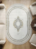 Oval Saçaklı Klasik Desenli Halı - Beyaz Gri ve Gold  Eskitme Detaylı Salon Halısı