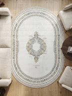Oval Saçaklı Klasik Desenli Halı - Beyaz Gri ve Gold  Eskitme Detaylı Salon Halısı