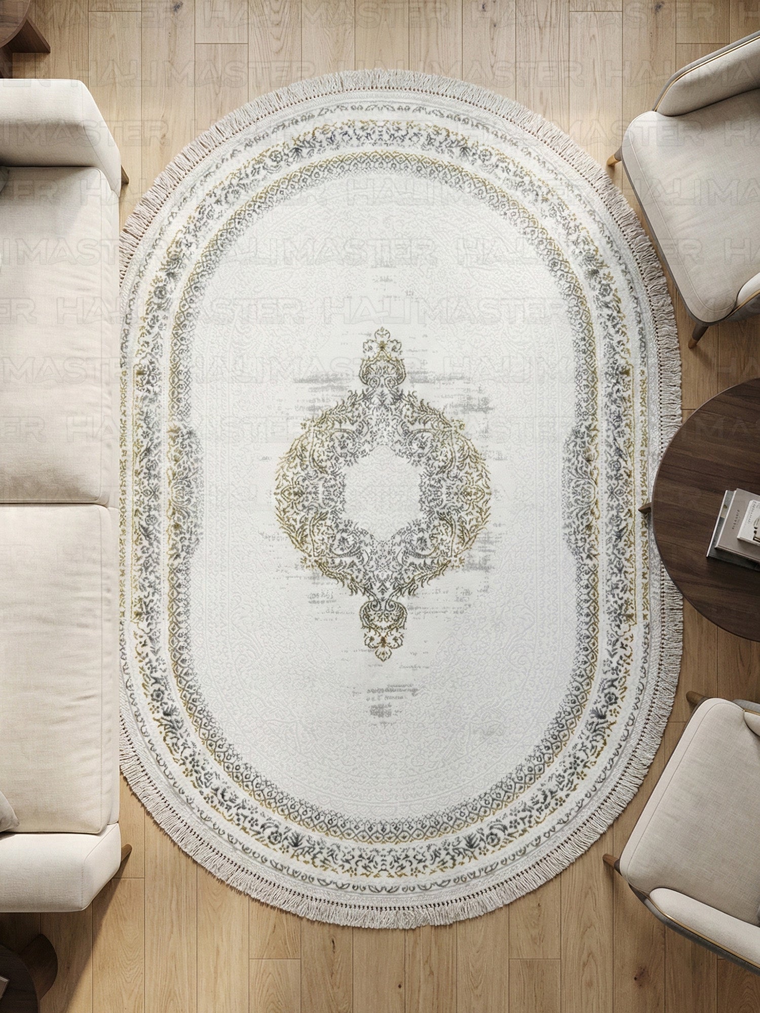 Oval Saçaklı Klasik Desenli Halı - Beyaz Gri ve Gold  Eskitme Detaylı Salon Halısı
