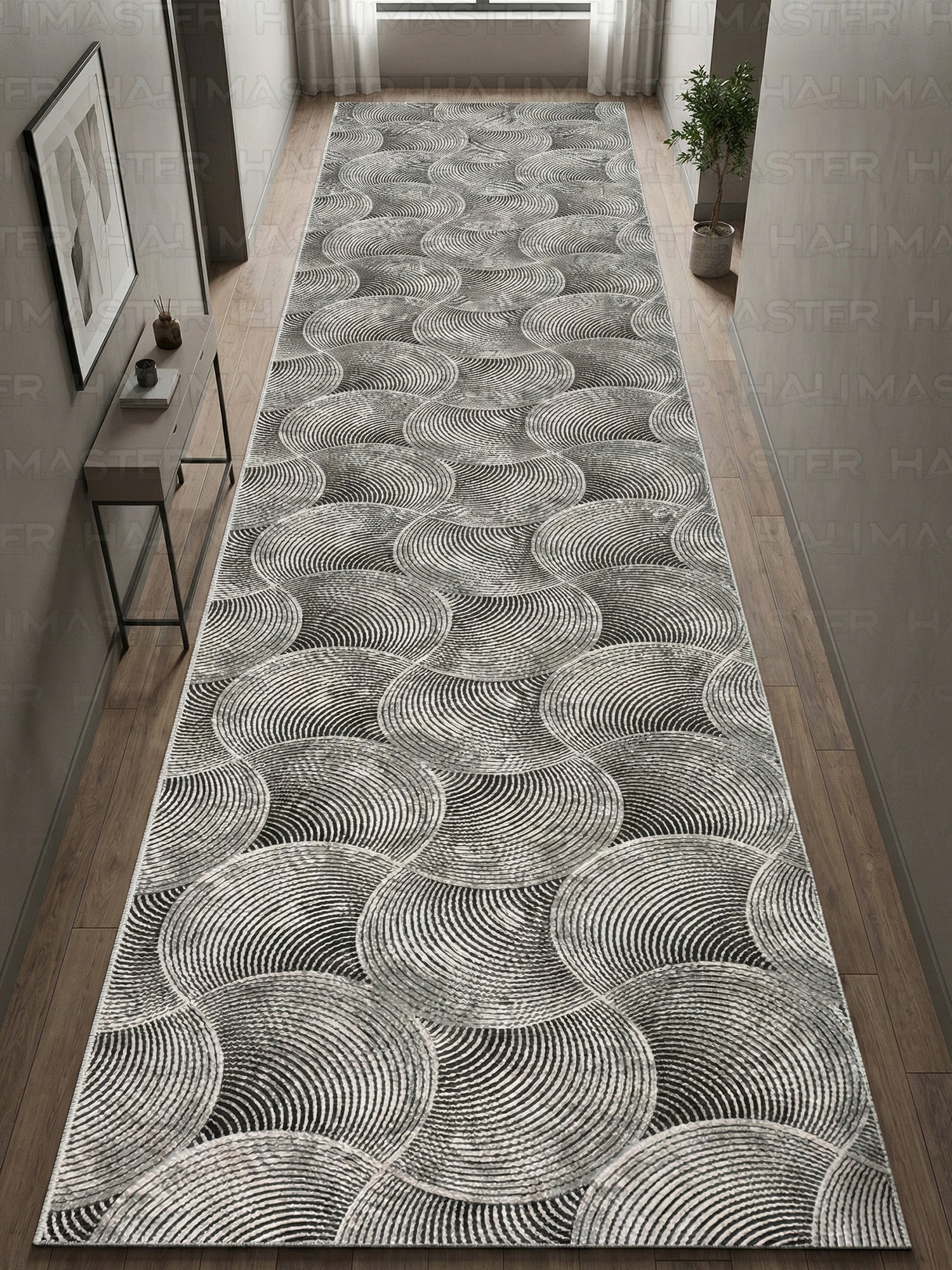 Dinarsu İskandinav Stil Dalga Desenli Antrasit Gri Kaymaz Taban Özel Ölçü Halı