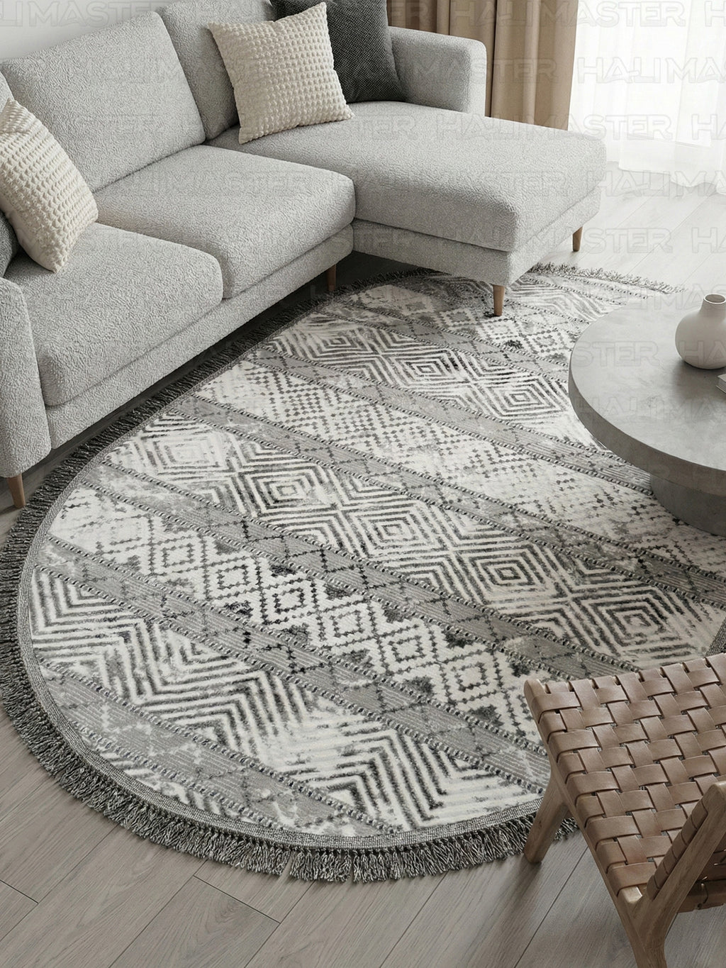 Modern Zigzag Desenli Gri Beyaz Oval Dekoratif Halı