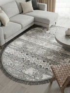 Modern Zigzag Desenli Gri Beyaz Oval Dekoratif Halı