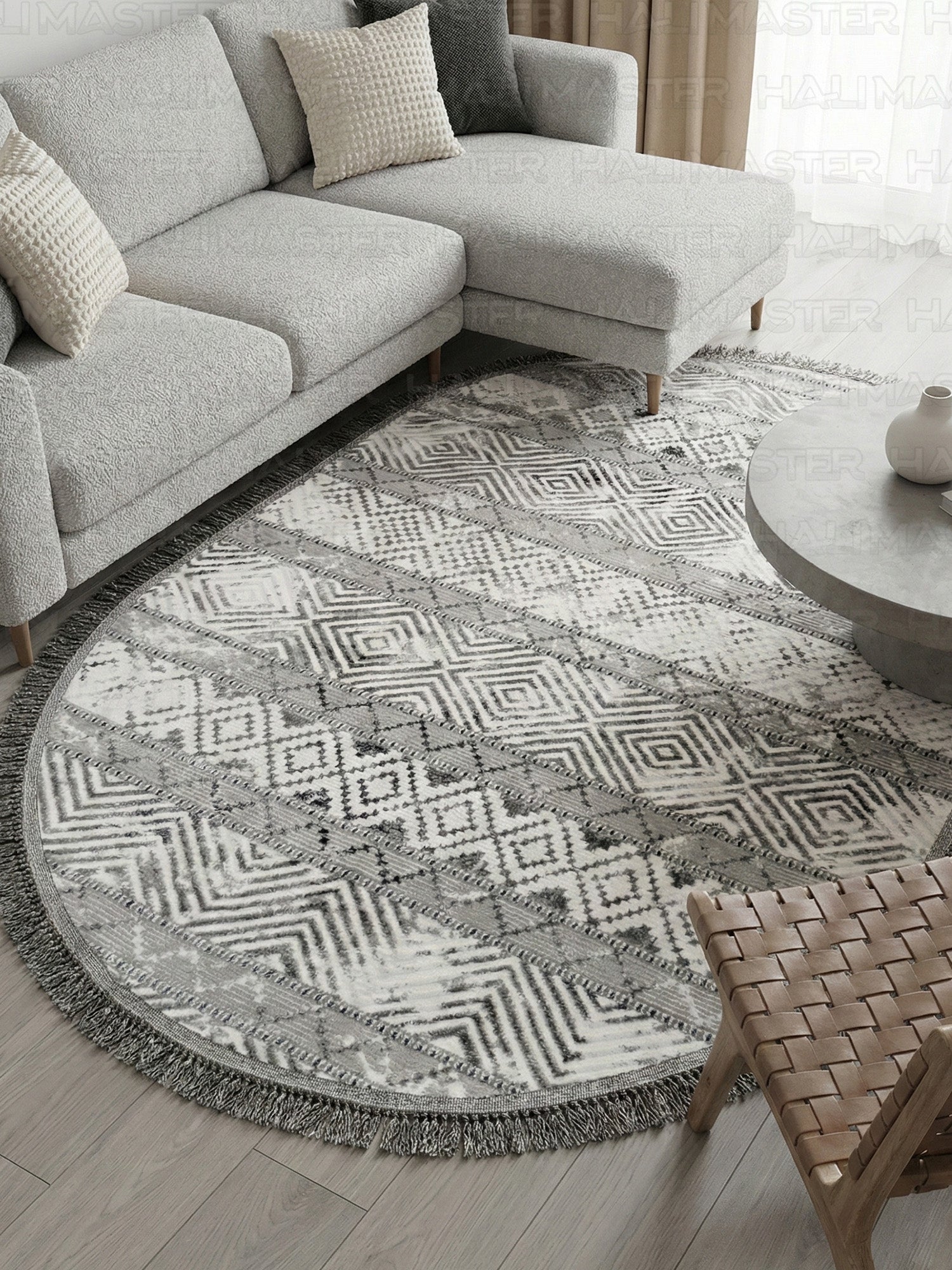 Modern Zigzag Desenli Gri Beyaz Oval Dekoratif Halı