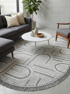 Premium Koleksiyon Geometrik Motifli Oval Halı - Gri Melanj Dokulu