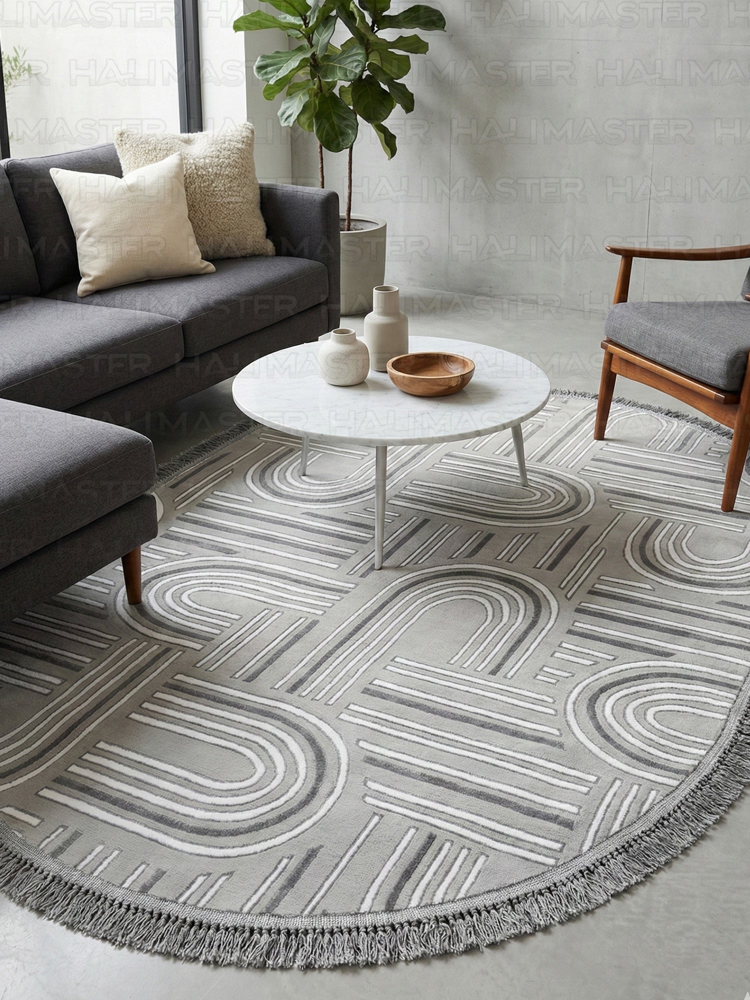 Premium Koleksiyon Geometrik Motifli Oval Halı - Gri Melanj Dokulu