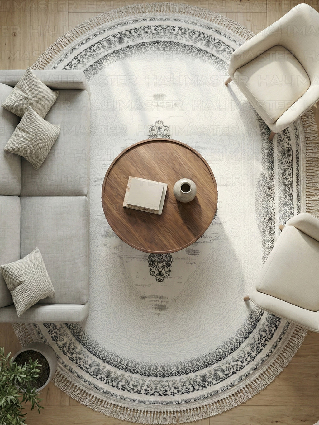 Oval Saçaklı Klasik Desenli Halı - Beyaz ve Gri Eskitme Detaylı Salon Halısı