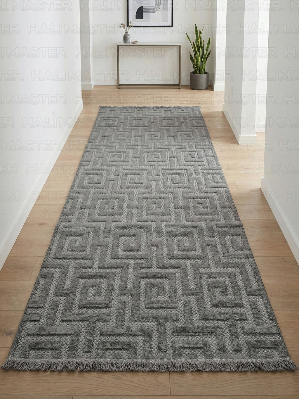 Dekoratif Antrasit Geometrik Desenli Kabartmalı Modern Halı - Saçaklı ve Özel Ölçü