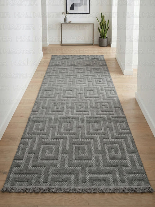 Dekoratif Antrasit Geometrik Desenli Kabartmalı Modern Halı - Saçaklı ve Özel Ölçü