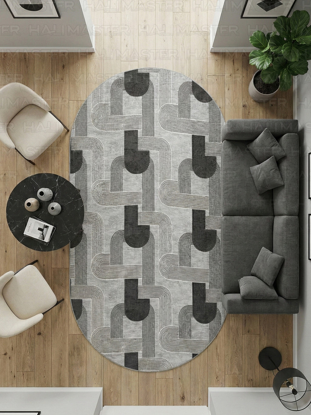 Jel Modern Geometrik Desenli Gri Siyah Özel Ölçü Kesilebilir Kesme Halı