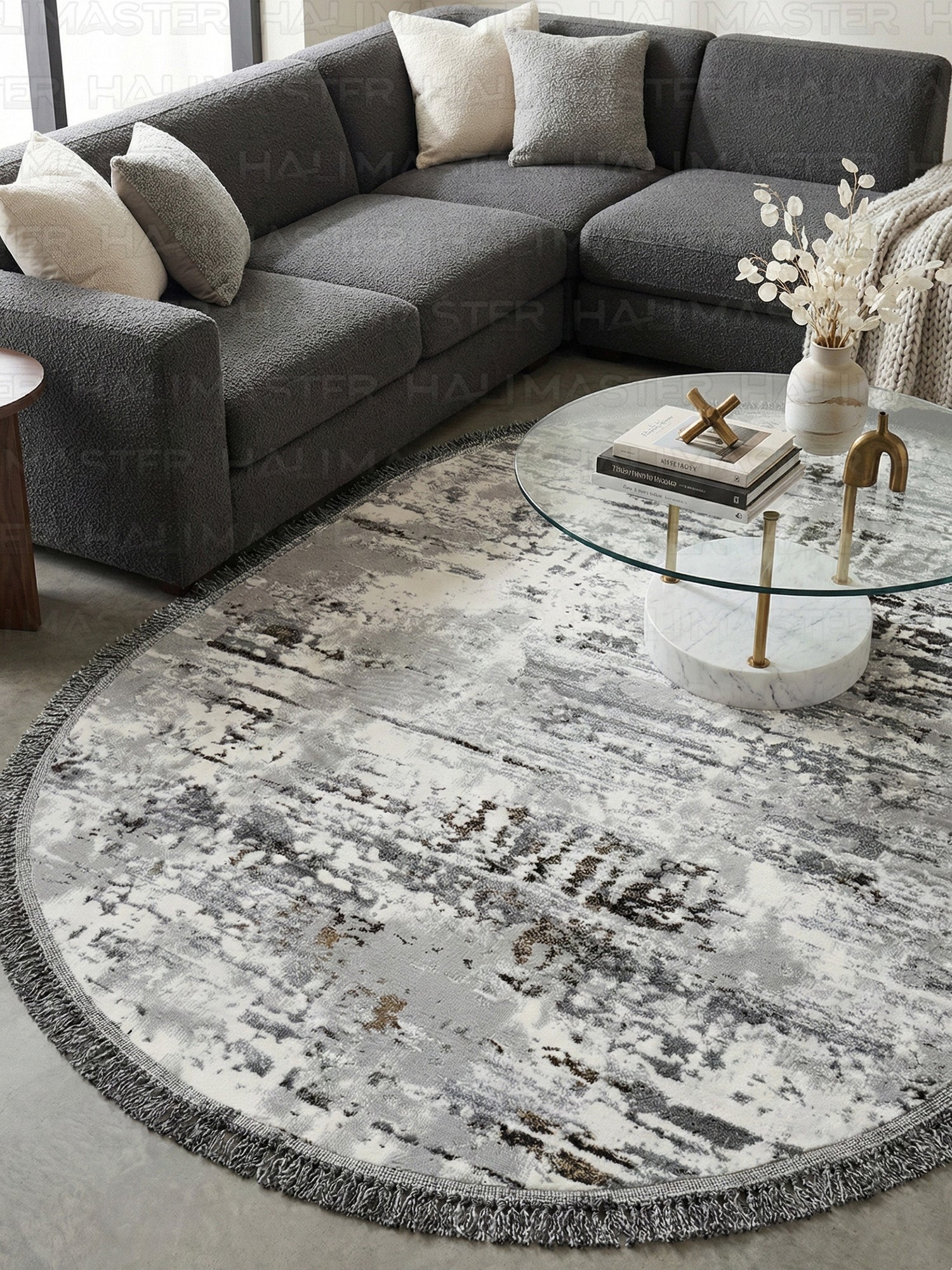 İskandinav Tarzı Etnik Desenli Antrasit Gri Oval Halı