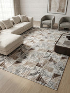 Dinarsu Soyut Üçgen Desenli İskandinav Tarzı Bej Antrasit Halı - Kaymaz Taban Özel Ölçü