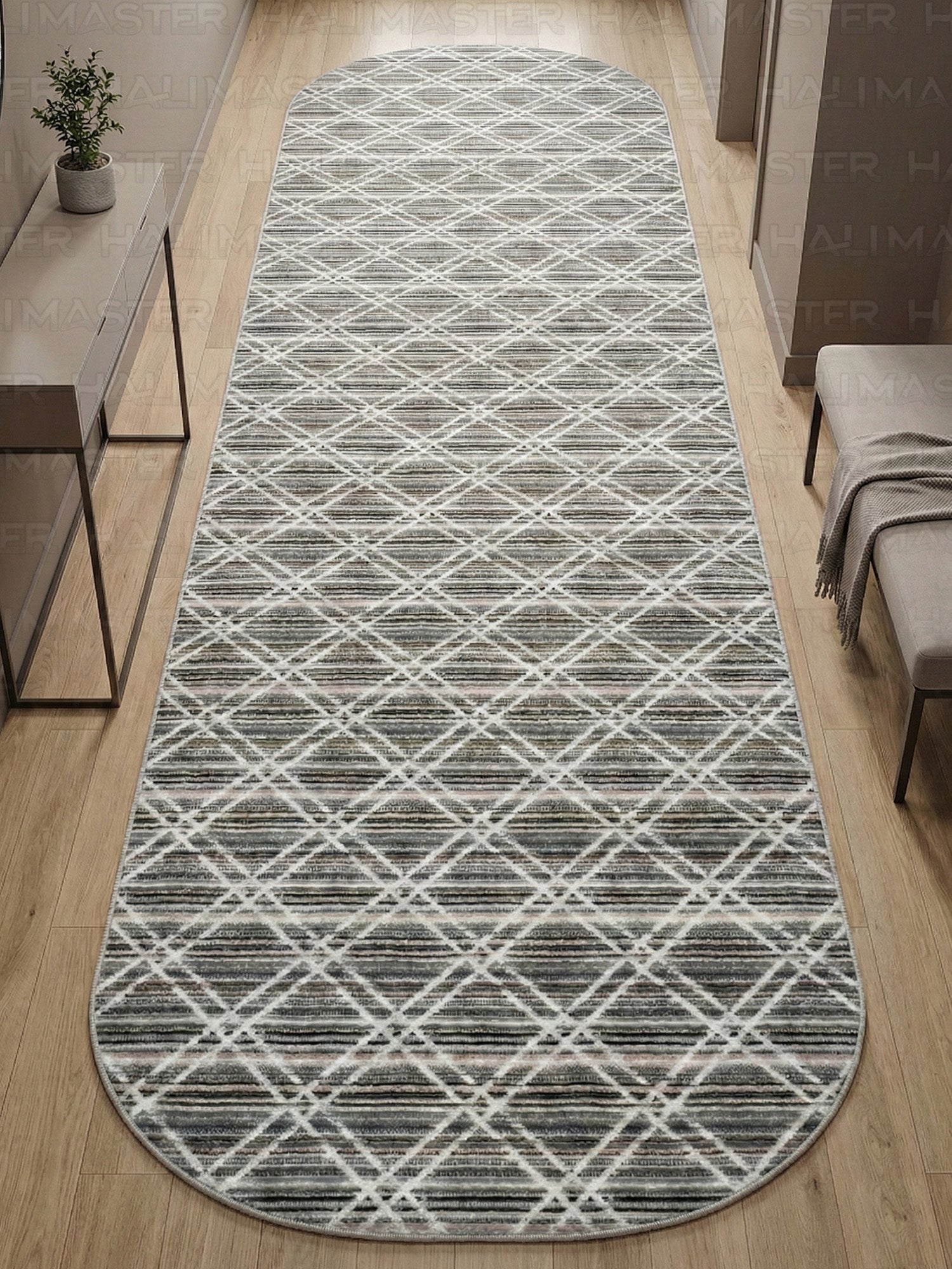 Bambu Minimal Geometrik Desen Gri Tonlu Kaymaz Taban Özel Ölçü Halı