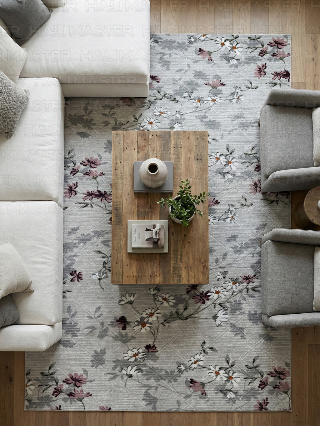 Gri Zeminli Papatya Desenli Modern Salon Halısı - 4m² (160x230) Mürdüm ve Beyaz Çiçekli Detaylı