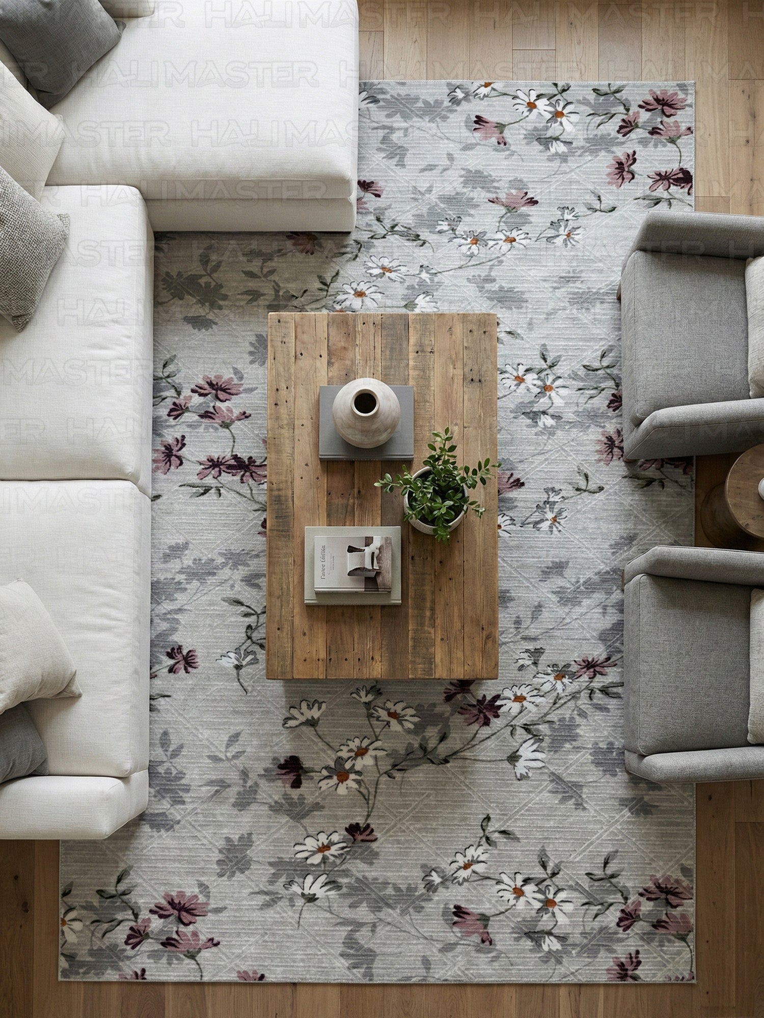 Gri Zeminli Papatya Desenli Modern Salon Halısı - 4m² (160x230) Mürdüm ve Beyaz Çiçekli Detaylı