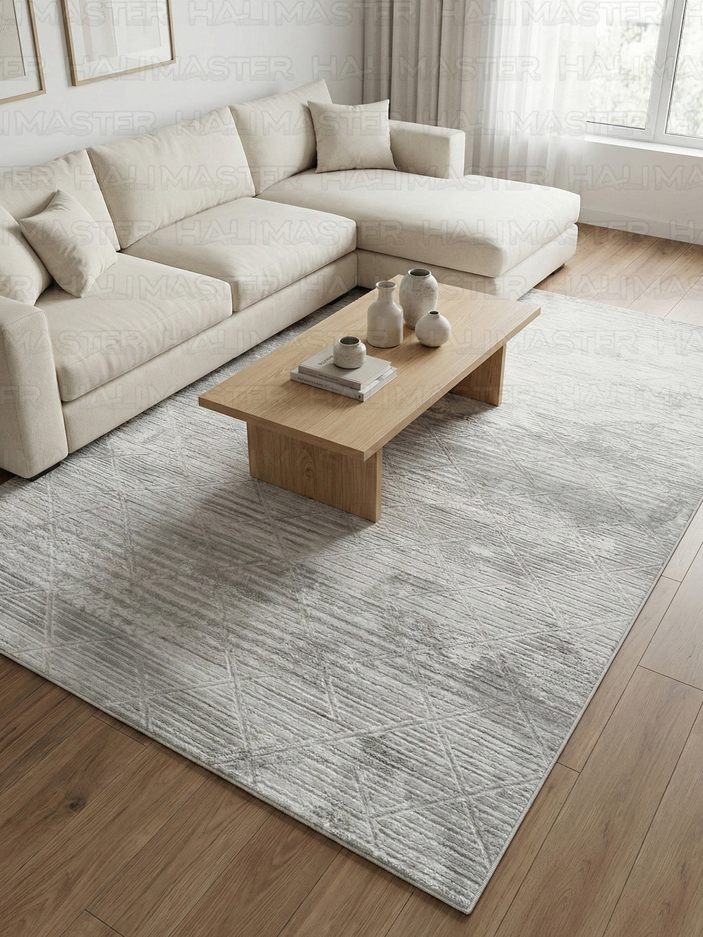 Bambu Gri Modern Geometrik Kaymaz Taban Özel Ölçü Kesilebilir Halı Yolluk