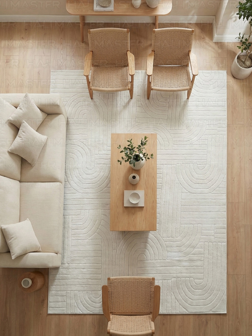 Dekoratif Krem Kabartma Desenli Modern Salon & Yolluk Halı