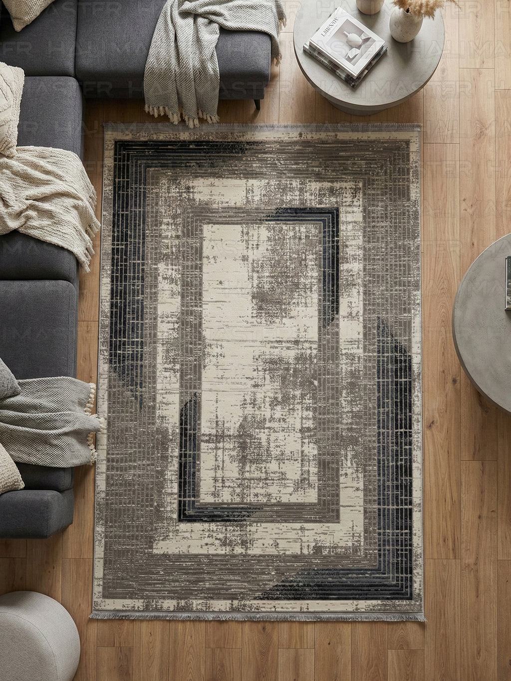 Modern Geometrik Desenli Gri Lacivert Salon Halısı - Soyut Tasarım Antrasit Halı