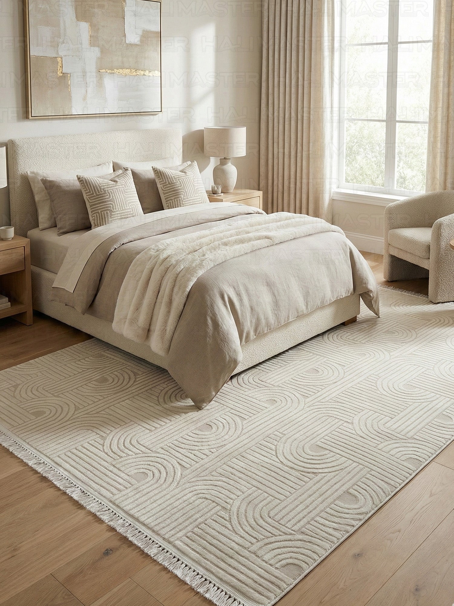 Modern Geometrik Desenli Krem Rengi İskandinav Tarzı Halı