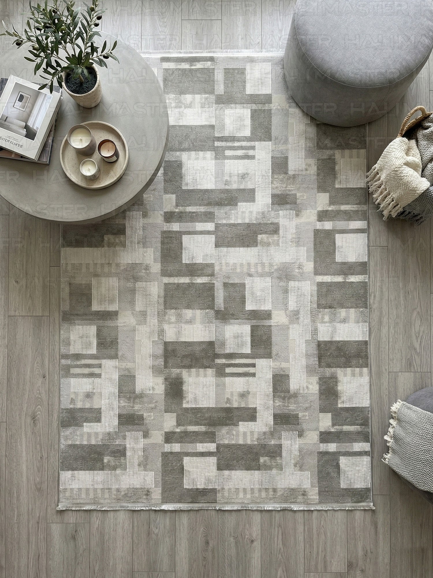 Modern Geometrik Desenli Salon Halısı - Gri ve Beyaz Tonları