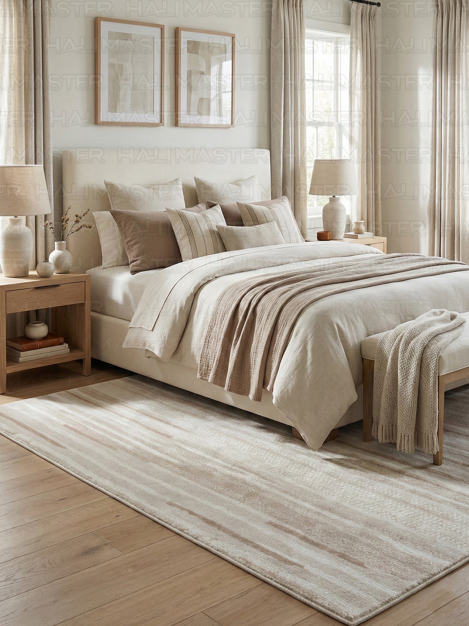 Bambu Modern Bej Çizgili Dokuma Halı – Kaymaz Tabanlı, Özel Ölçü Kesilebilir