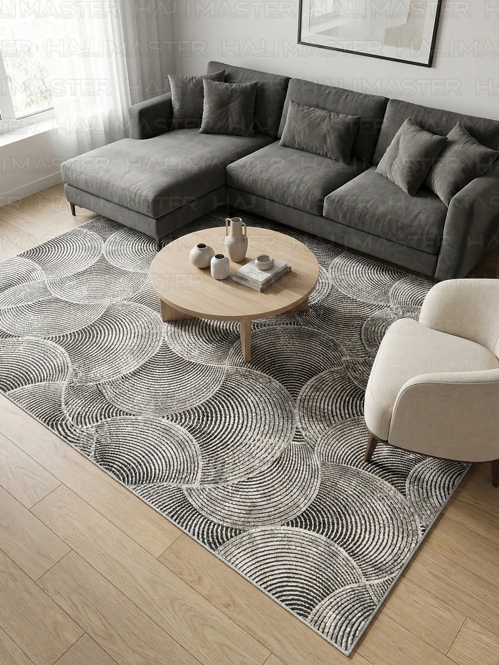 Dinarsu İskandinav Stil Dalga Desenli Antrasit Gri Kaymaz Taban Özel Ölçü Halı