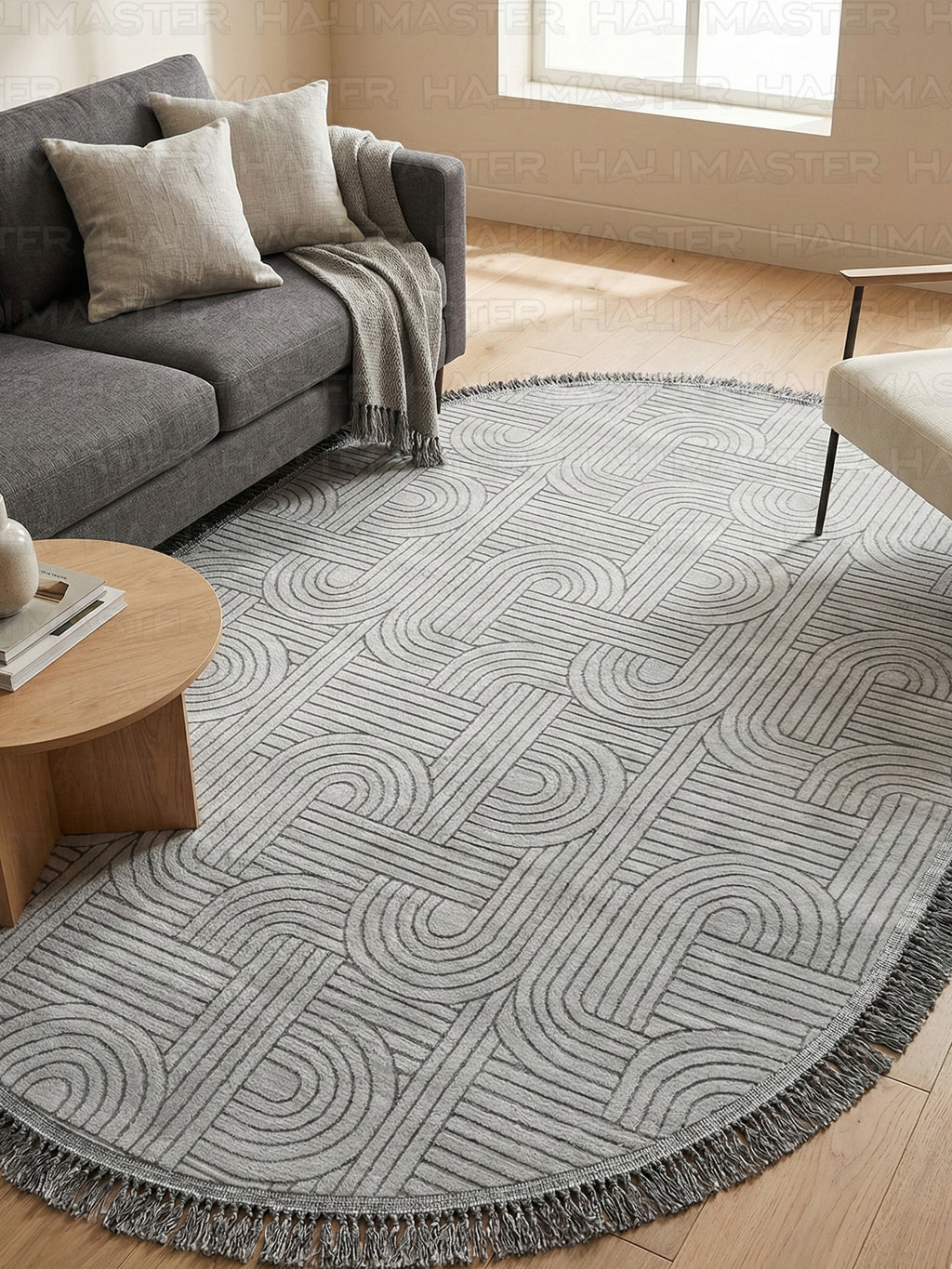Bohem Tarz Gri Oval Salon Halısı - Püsküllü Modern Labirent Desenli