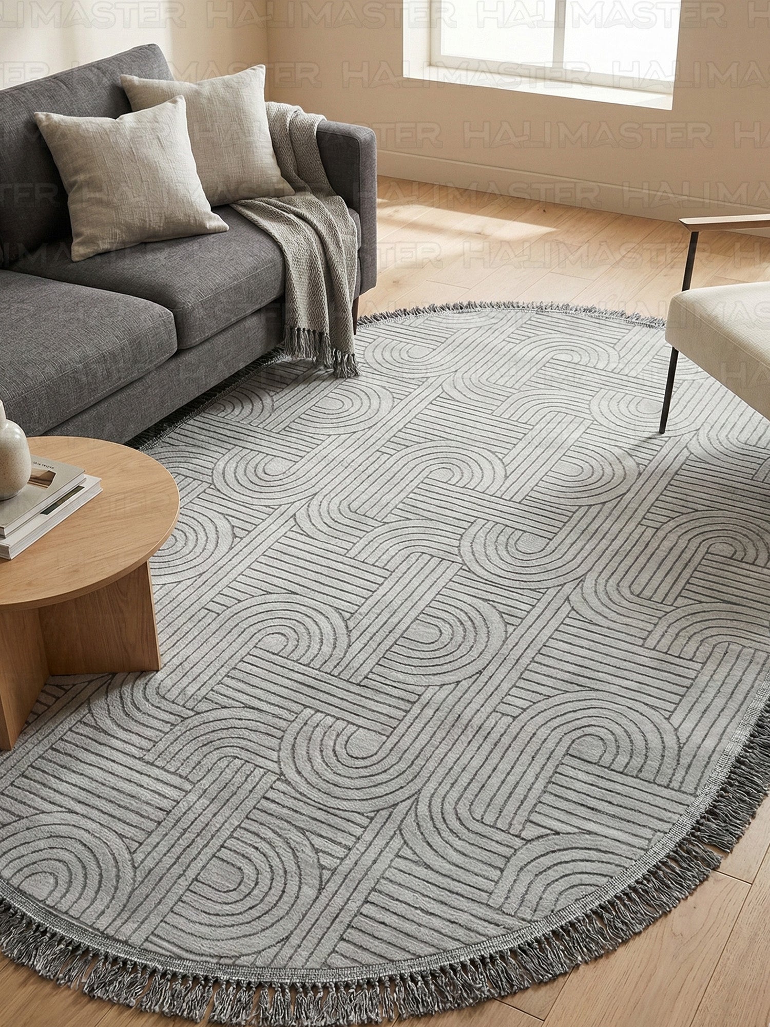 Bohem Tarz Gri Oval Salon Halısı - Püsküllü Modern Labirent Desenli