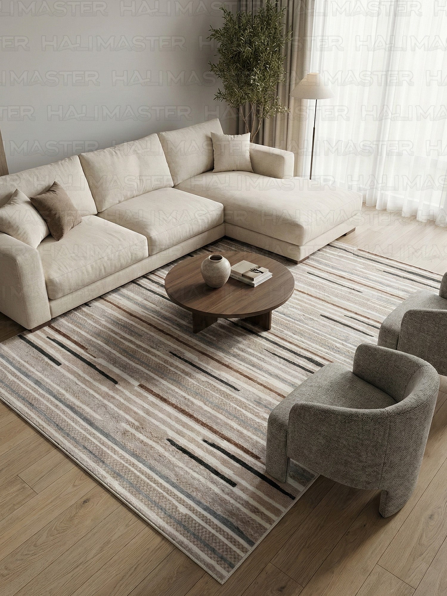 Bambu Soyut Desenli Antrasit Bej Modern Kaymaz Taban Halı ve Kesme Yolluk