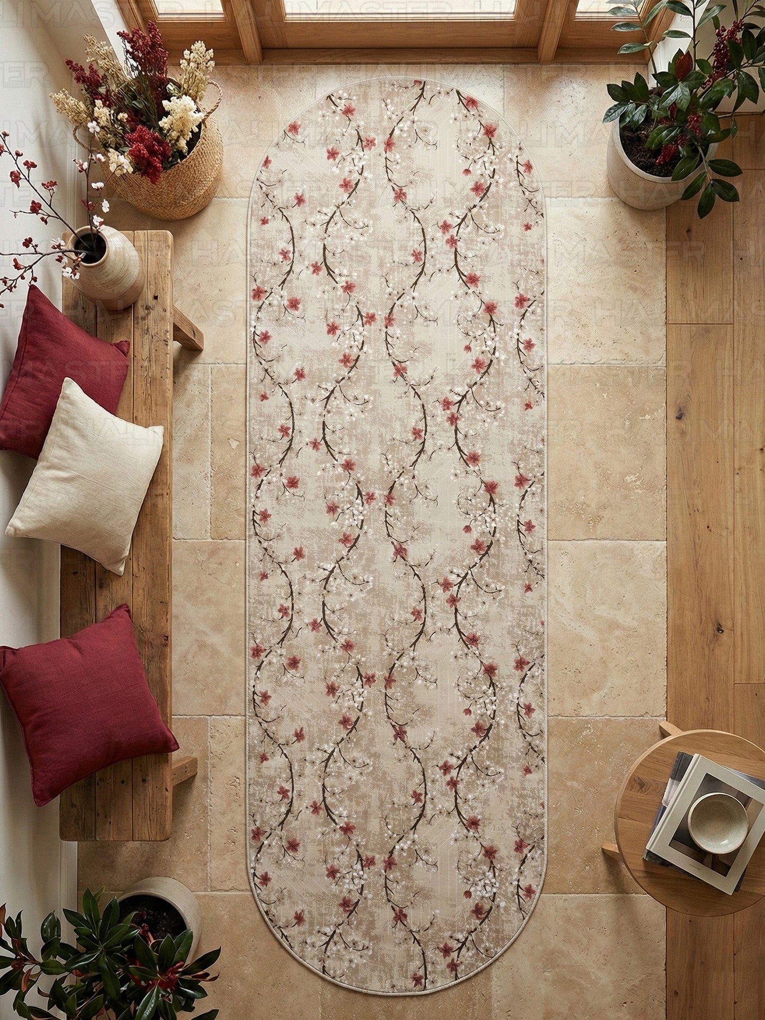 Jel Özel Ölçü Kesme Halı Yolluk - Krem Çiçek Desenli Modern Tasarım