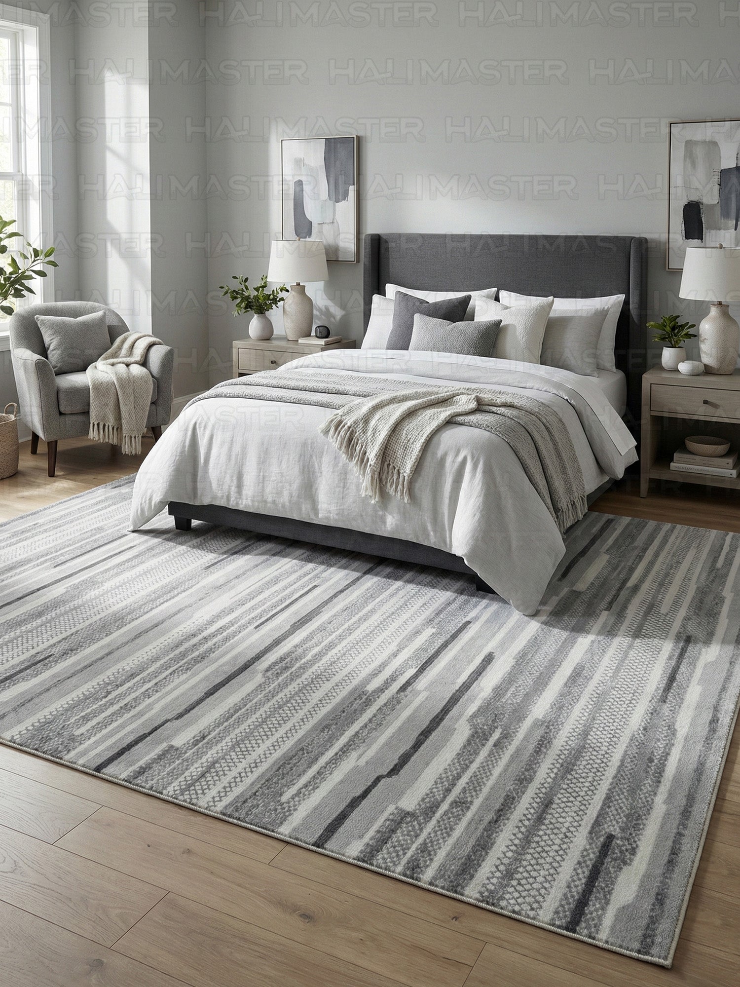 Bambu İskandinav Stil Gri Desenli Kaymaz Tabanlı Dekoratif Yolluk - Özel Kesim Kesme Halı