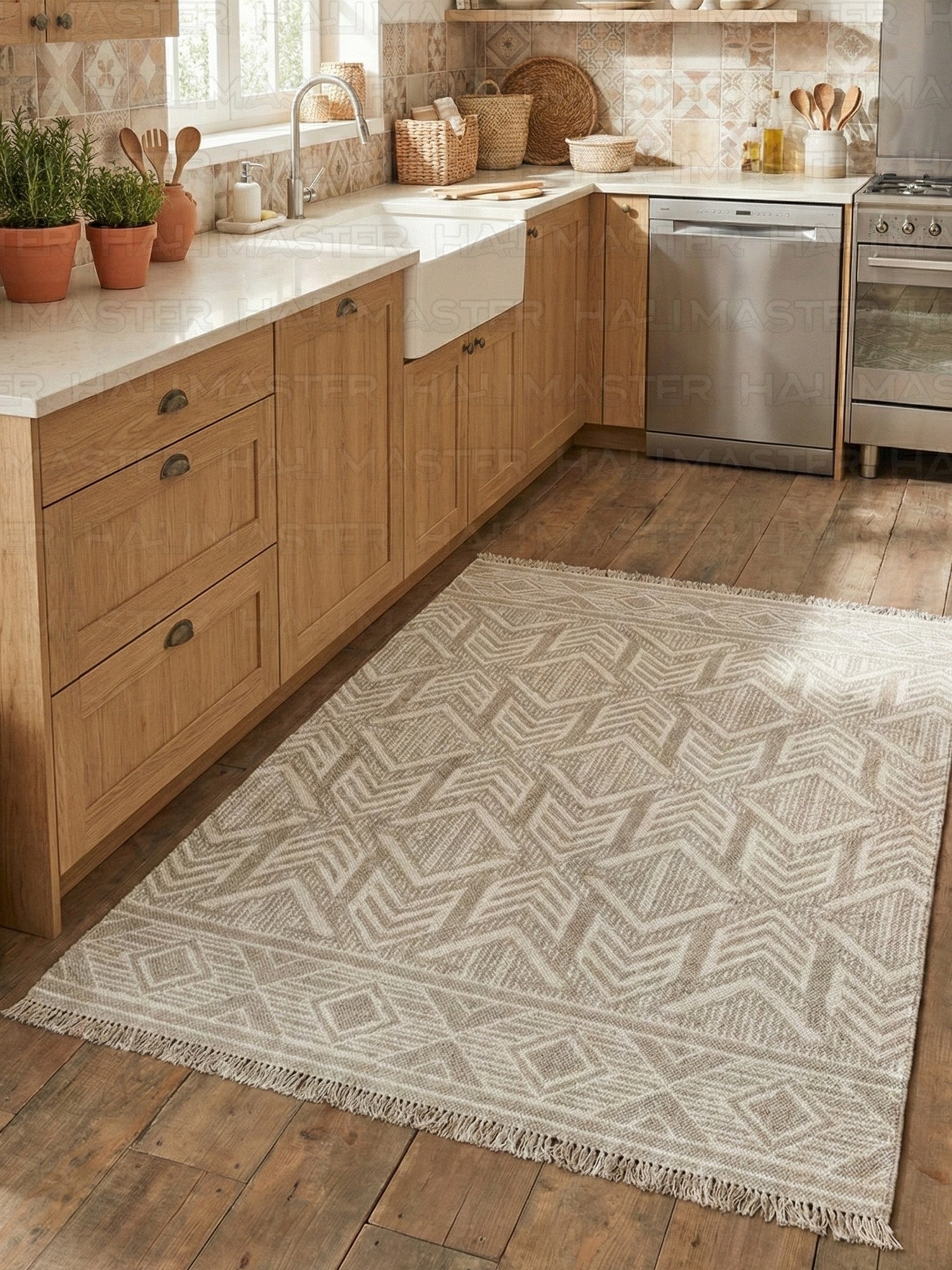 Bohem İskandinav Tarzı Etnik Motifli Bej Kahve Dokuma Halı - 4m² (160x230)