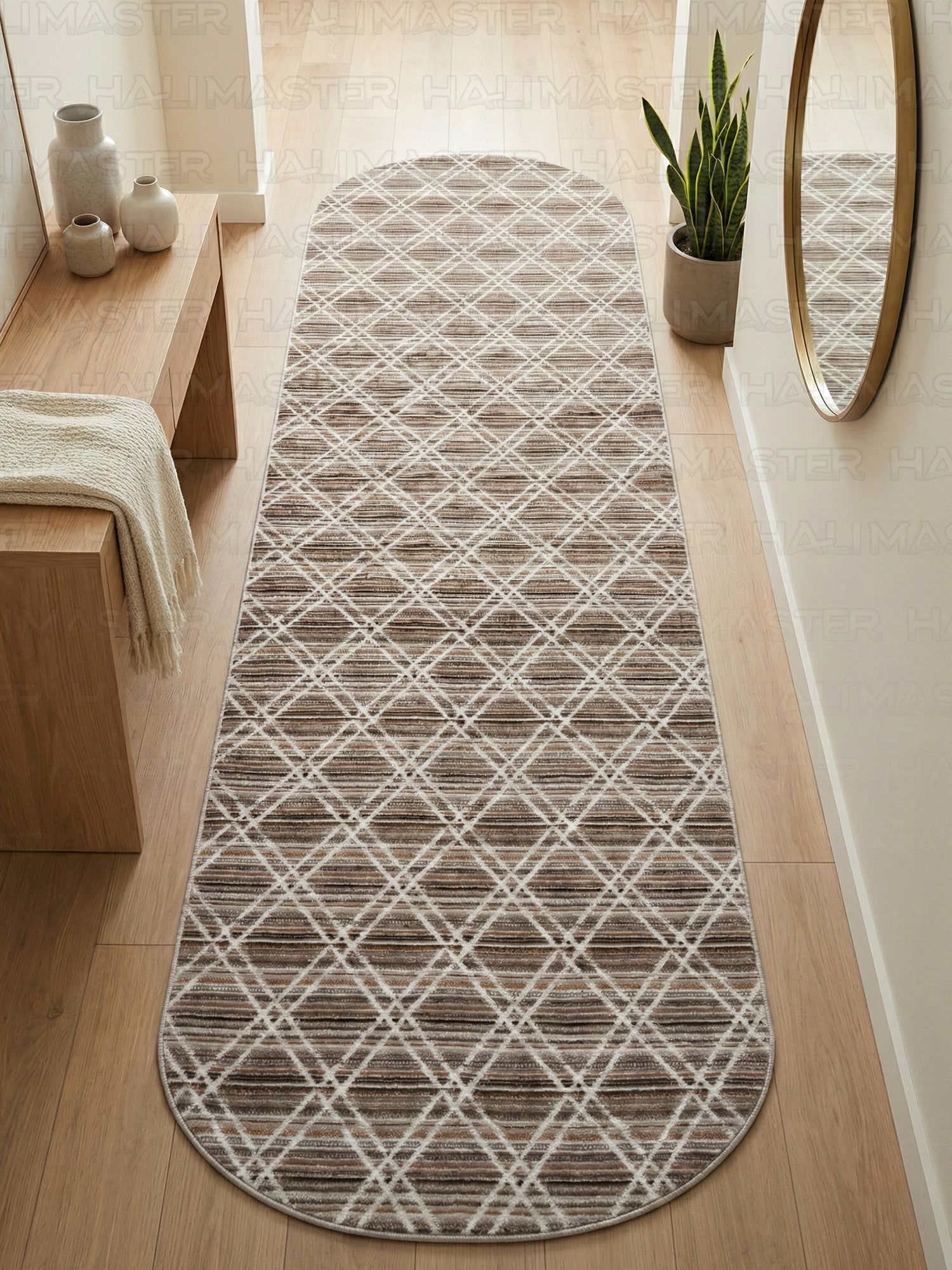 Bambu Modern Geometrik Desenli Kaymaz Taban Özel Ölçü Kesme Halı - Kahve/Vizon