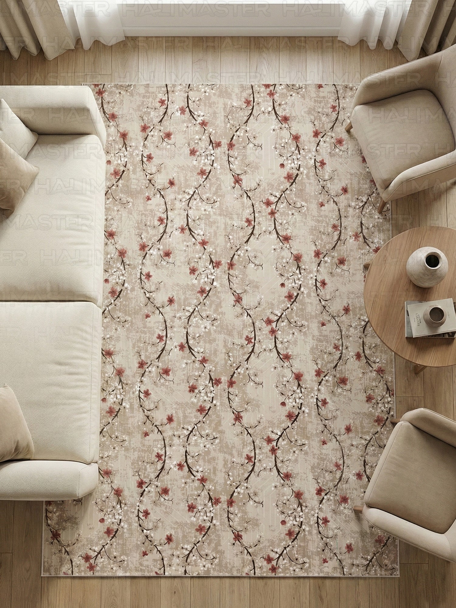 Jel Özel Ölçü Kesme Halı Yolluk - Krem Çiçek Desenli Modern Tasarım