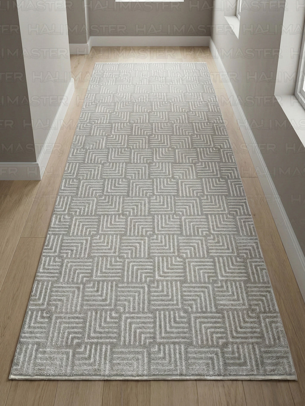 Akrilik Modern Geometrik Desenli Gri Halı – Özel Ölçü Salon & Antre Halısı