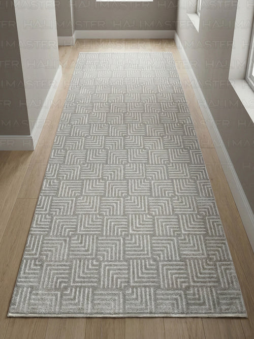Akrilik Modern Geometrik Desenli Gri Halı – Özel Ölçü Salon & Antre Halısı